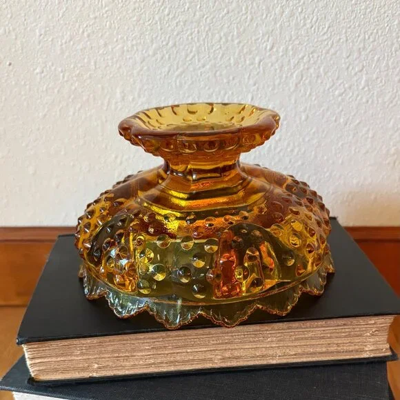 VTG Fenton Amber Glass Hobnail Candle Holder Bowl Centerpiece Bowl Decorative - Picture 2 of 10